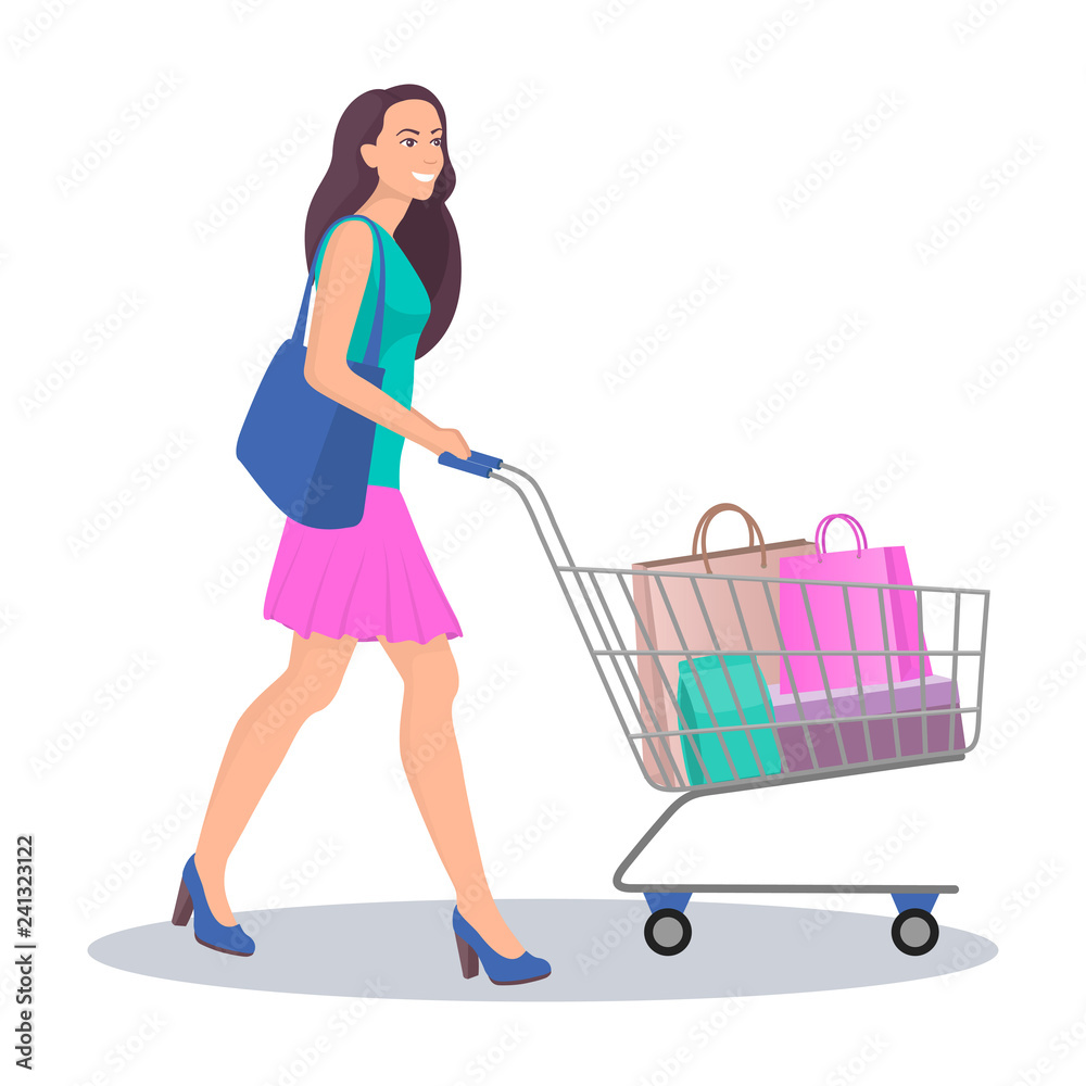 Beautiful young woman with shopping cart full of packages with purchases. Happy smiling woman do shopping. Vector illustration in flat style, isolated on white. Beautiful young woman with shopping cart full of packages with purchases. Happy smiling woman do shopping. Vector illustration in flat style, isolated on white.