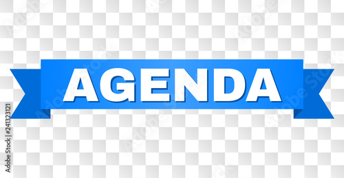 AGENDA text on a ribbon. Designed with white title and blue stripe. Vector banner with AGENDA tag on a transparent background.