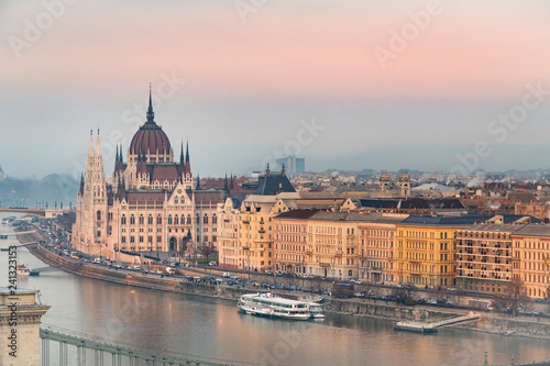 View of Budapest parliament at sunset, Hungary © Cinematographer