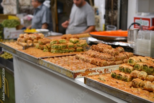 baclava, baklava sweets at Mahane Yehuda, shuk, Jewish grocery market in Jerusalem, Israel photo