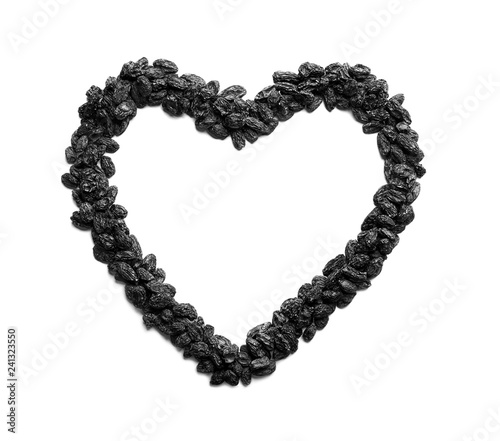 Heart shaped frame of raisins and space for text on white background. Dried fruit as healthy snack