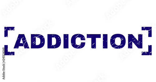 ADDICTION text seal stamp with corroded texture. Text caption is placed between corners. Blue vector rubber print of ADDICTION with grunge texture.