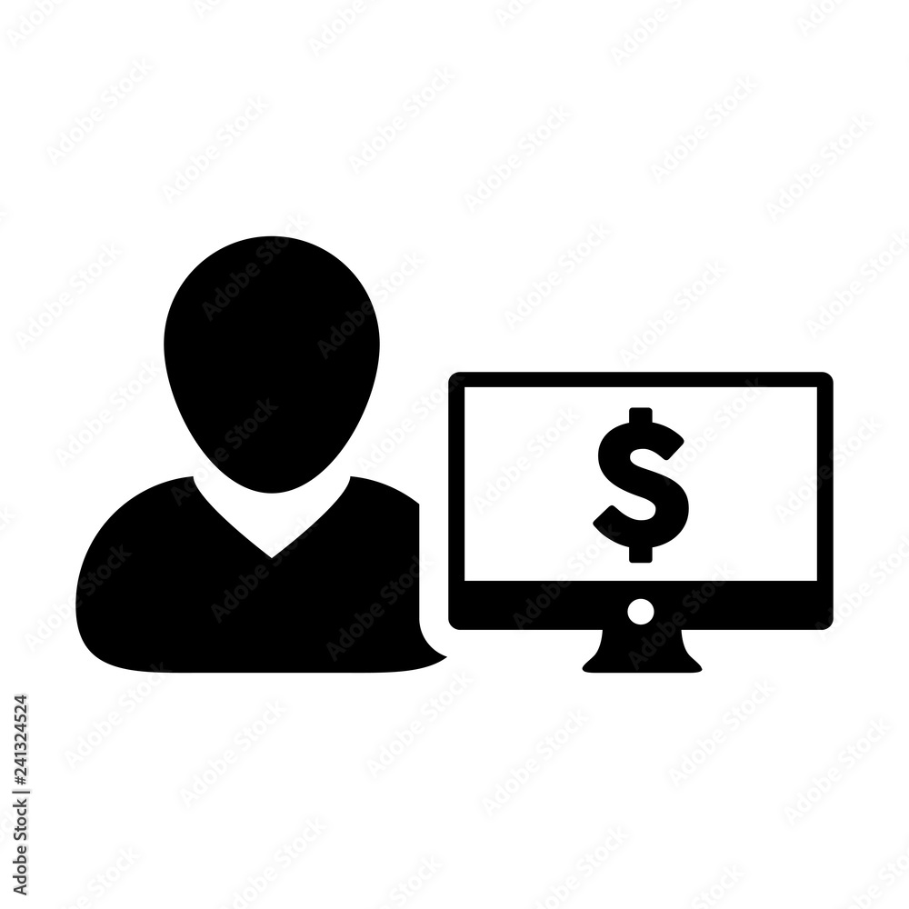 Person icon vector male user avatar with computer monitor screen and dollar sign in flat color in Glyph Pictogram Symbol illustration Person icon vector male user avatar with computer monitor screen and dollar sign in flat color in Glyph Pictogram Symbol illustration