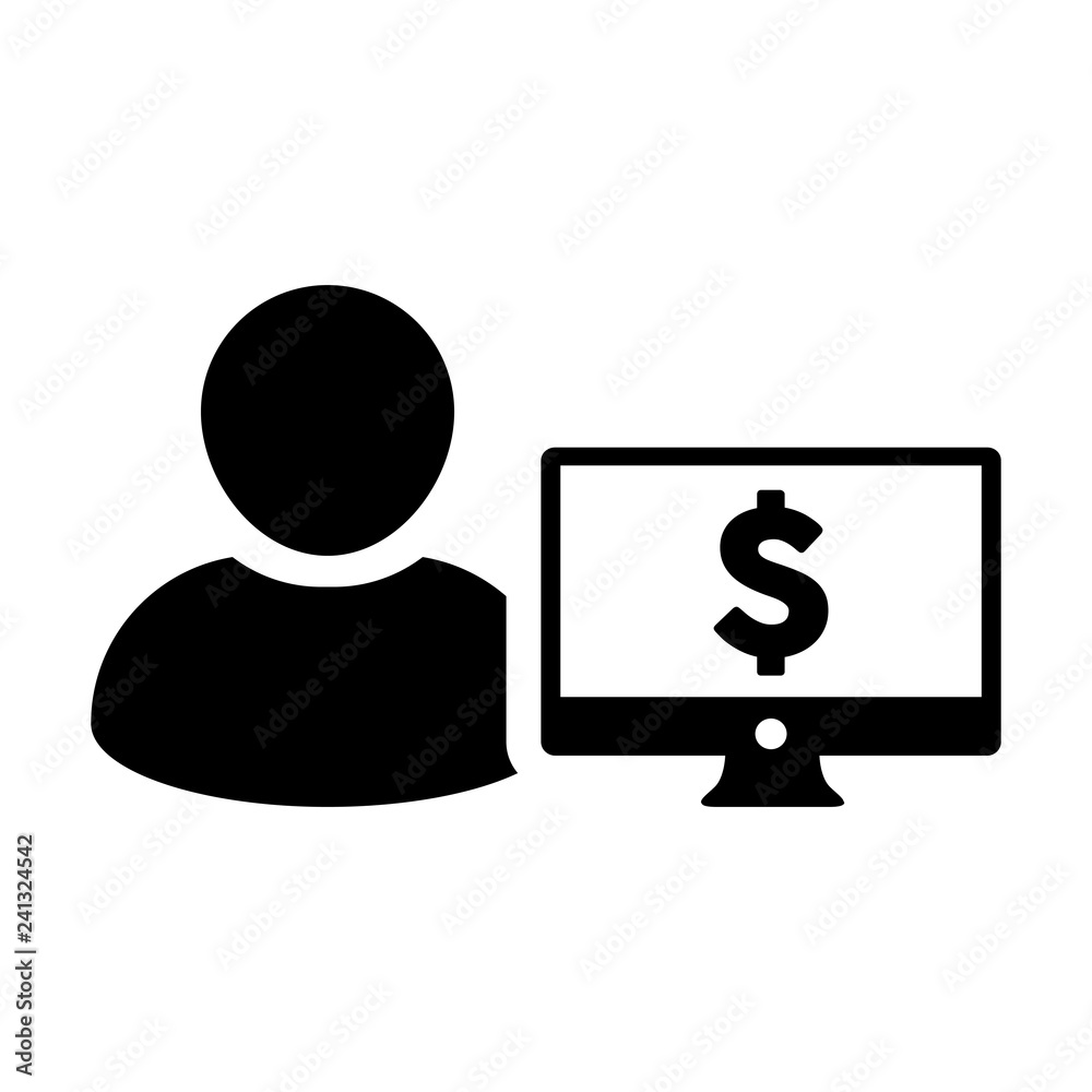 Investment icon vector male user person profile avatar with computer monitor and dollar sign currency money symbol for banking and finance business in flat color glyph pictogram illustration