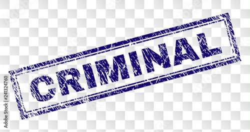 CRIMINAL stamp seal print with rubber print style and double framed rectangle shape. Stamp is placed on a transparent background. Blue vector rubber print of CRIMINAL text with retro texture.