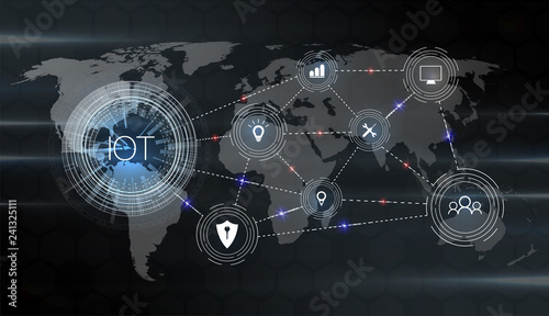 Internet of things, designation of interaction of things in the world, vector illustration.Spider web of network connections with on a futuristic blue background