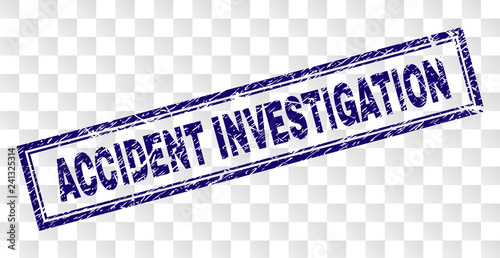 ACCIDENT INVESTIGATION stamp seal print with scratched style and double framed rectangle shape. Stamp is placed on a transparent background.