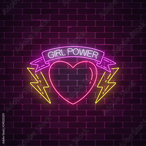 Girls power sign in neon style. Glowing symbol of female slogan in ribbon with heart and lightning shapes.