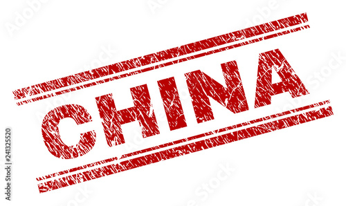 CHINA seal imprint with distress texture. Red vector rubber print of CHINA text with retro texture. Text caption is placed between double parallel lines.