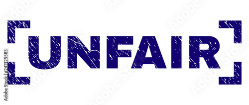 UNFAIR text seal stamp with distress texture. Text label is placed between corners. Blue vector rubber print of UNFAIR with corroded texture.