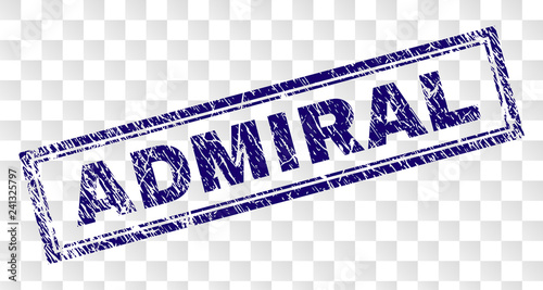 ADMIRAL stamp seal print with rubber print style and double framed rectangle shape. Stamp is placed on a transparent background. Blue vector rubber print of ADMIRAL title with dust texture.