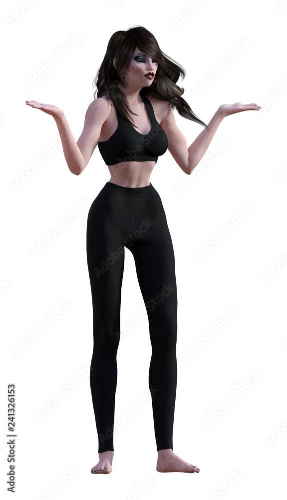 3d illustration of a barefoot very thin woman wearing black