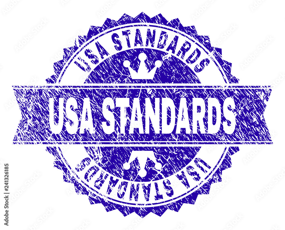 Obraz premium USA STANDARDS rosette seal overlay with grunge style. Designed with round rosette, ribbon and small crowns. Blue vector rubber watermark of USA STANDARDS text with dirty style.