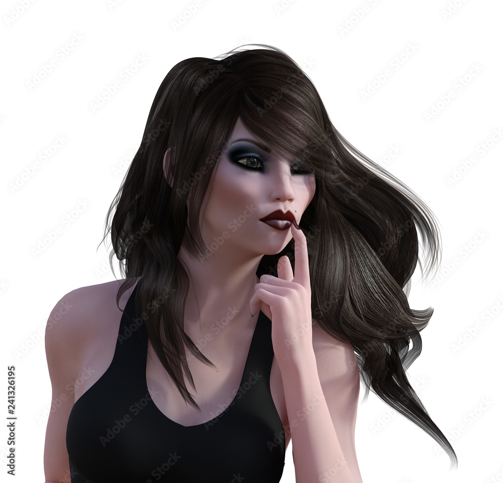 3d illustration of an exotic dark hair woman with a finger to her lips on a white background. 3d illustration of an exotic dark hair woman with a finger to her lips on a white background.
