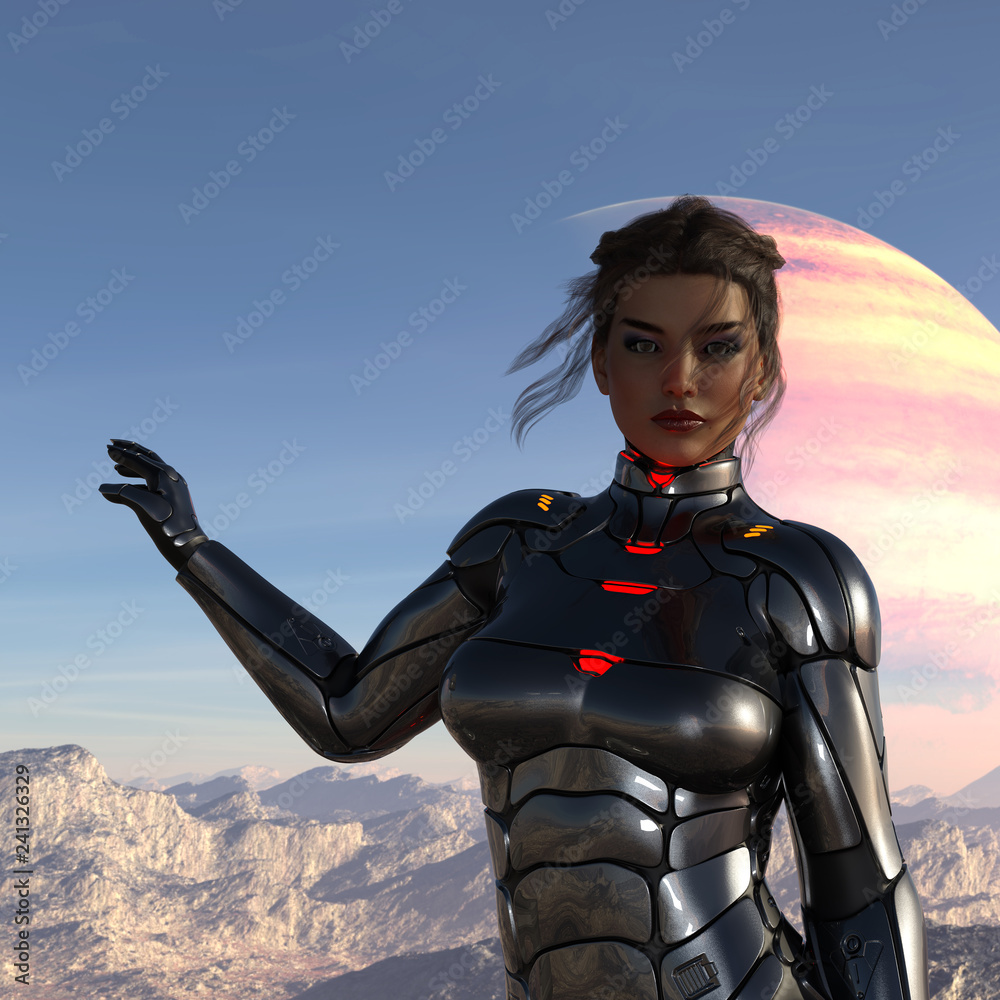 3d illustration of a futuristic female soldier in full body armor with one  arm upraised on an alien world with an alien planet in the background.  Stock Illustration | Adobe Stock