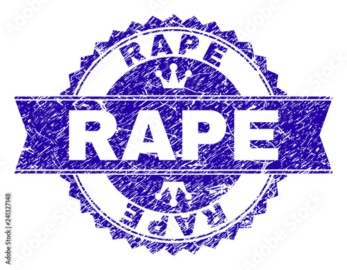 RAPE rosette stamp seal watermark with grunge style. Designed with round rosette, ribbon and small crowns. Blue vector rubber watermark of RAPE tag with dirty style.