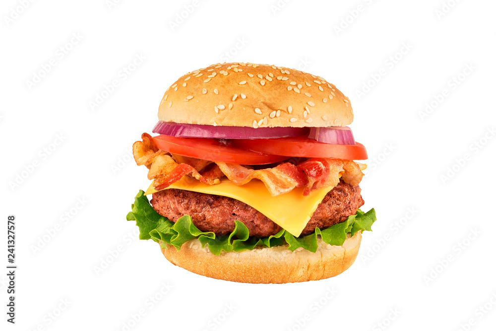 Cheeseburger with beef patty and bacon, isolated on white background. Real close up.