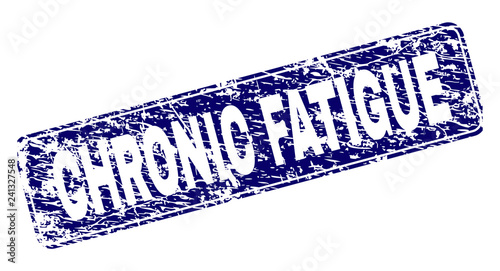 CHRONIC FATIGUE stamp seal print with grunge texture. Seal shape is a rounded rectangle with frame. Blue vector rubber print of CHRONIC FATIGUE tag with unclean texture.