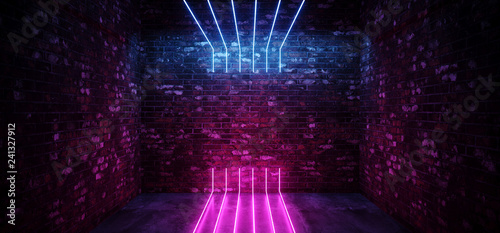 Dark Sci Fi Modern Futuristic Empty Grunge Brick Wall Room  Purple Blue Pink glowing Lights Concrete Floor Neon Vertical Line Light Shapes Empty Space 3D Rendering photo
