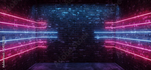 Dark Sci Fi Modern Futuristic Empty Grunge Brick Wall Room  Purple Blue Pink glowing Lights Concrete Floor Neon Horizontal Line Light Shapes Empty Space 3D Rendering