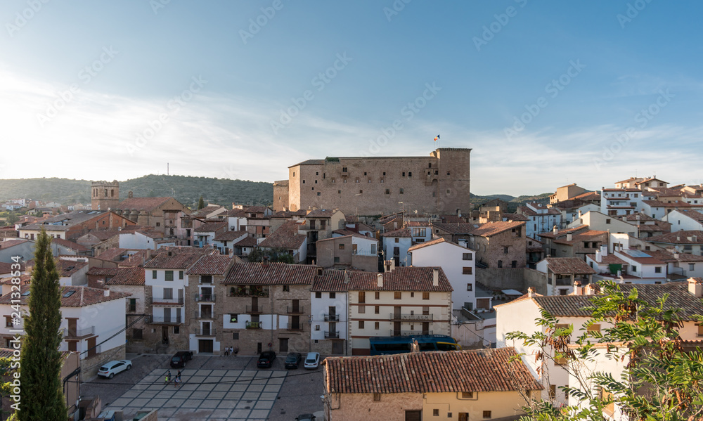 Mora de Rubielos Castle lighting in Teruel Spain Gudar Sierra sunset view panorama