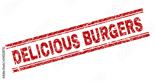 DELICIOUS BURGERS seal imprint with corroded texture. Red vector rubber print of DELICIOUS BURGERS caption with dust texture. Text caption is placed between double parallel lines.