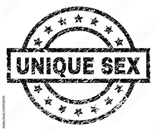 UNIQUE SEX stamp seal watermark with distress style. Designed with rectangle, circles and stars. Black vector rubber print of UNIQUE SEX text with unclean texture.