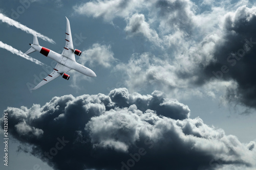 The plane against the blue sky and fluffy clouds. Concept of vacation  vacation  flight  travel.