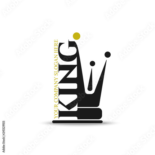 Black flat icon King with  crown silhouette. Vector minimal illustration of dark logo and yellow text for shop, app store, barbershop, elegant boutique, beauty saloon emblem
