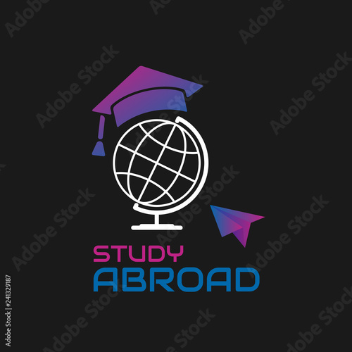 Globe with graduate cap. Gradient  vector illustration. Education icon. Font STUDY ABROAD logo with graduation hat and paper air plane