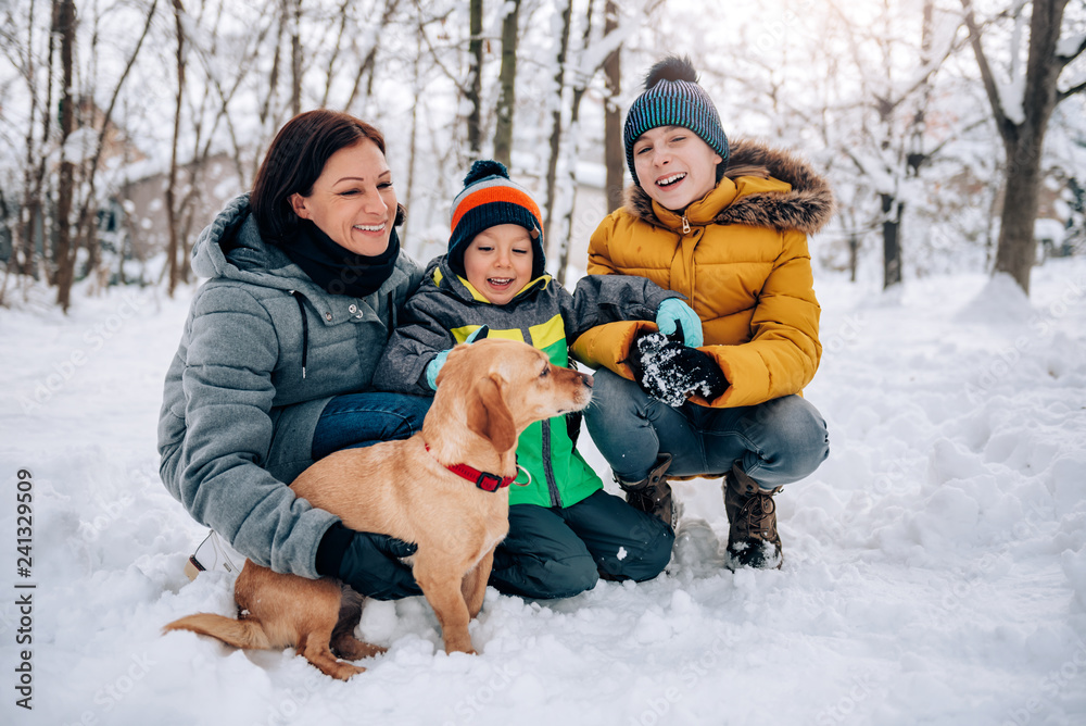 Family with dog playing in the snow