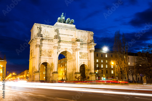 Munich, Germany. The Siegestor (1852) (English: Victory Gate) in winter at sunset