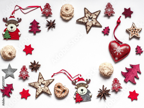 Christmas decoration and cookies on white background. Flat lay.