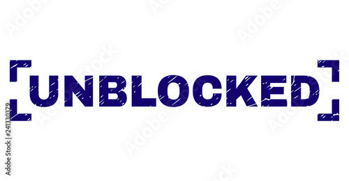 UNBLOCKED caption seal print with distress texture. Text tag is placed inside corners. Blue vector rubber print of UNBLOCKED with corroded texture.