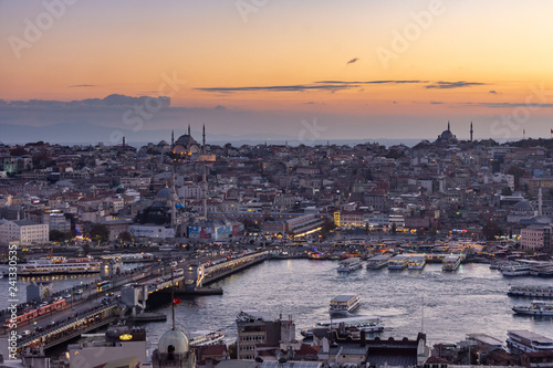Istanbul, Turkey. 12-November-2018. Bosphorus river, Galata bridge and Haya Sofia after sunset