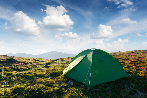 Picturesque scene with green tent and blue sky on spring mountains. Landscape photography