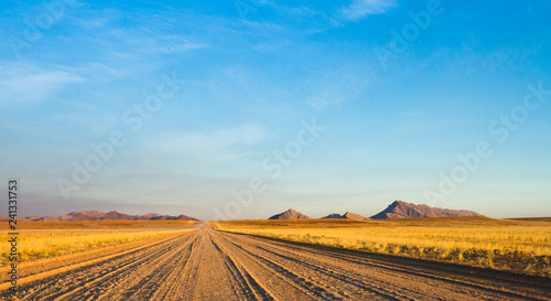 empty dirt road across the the Namibian Desert.