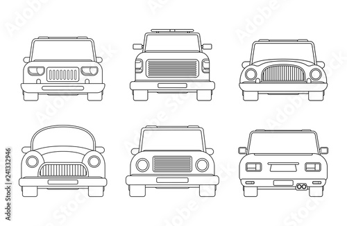 Set of different types of urban car. Front and back view vector illustration. Compact car, service tow pick up, SUV, modern and vintage vehicle. Linear style.