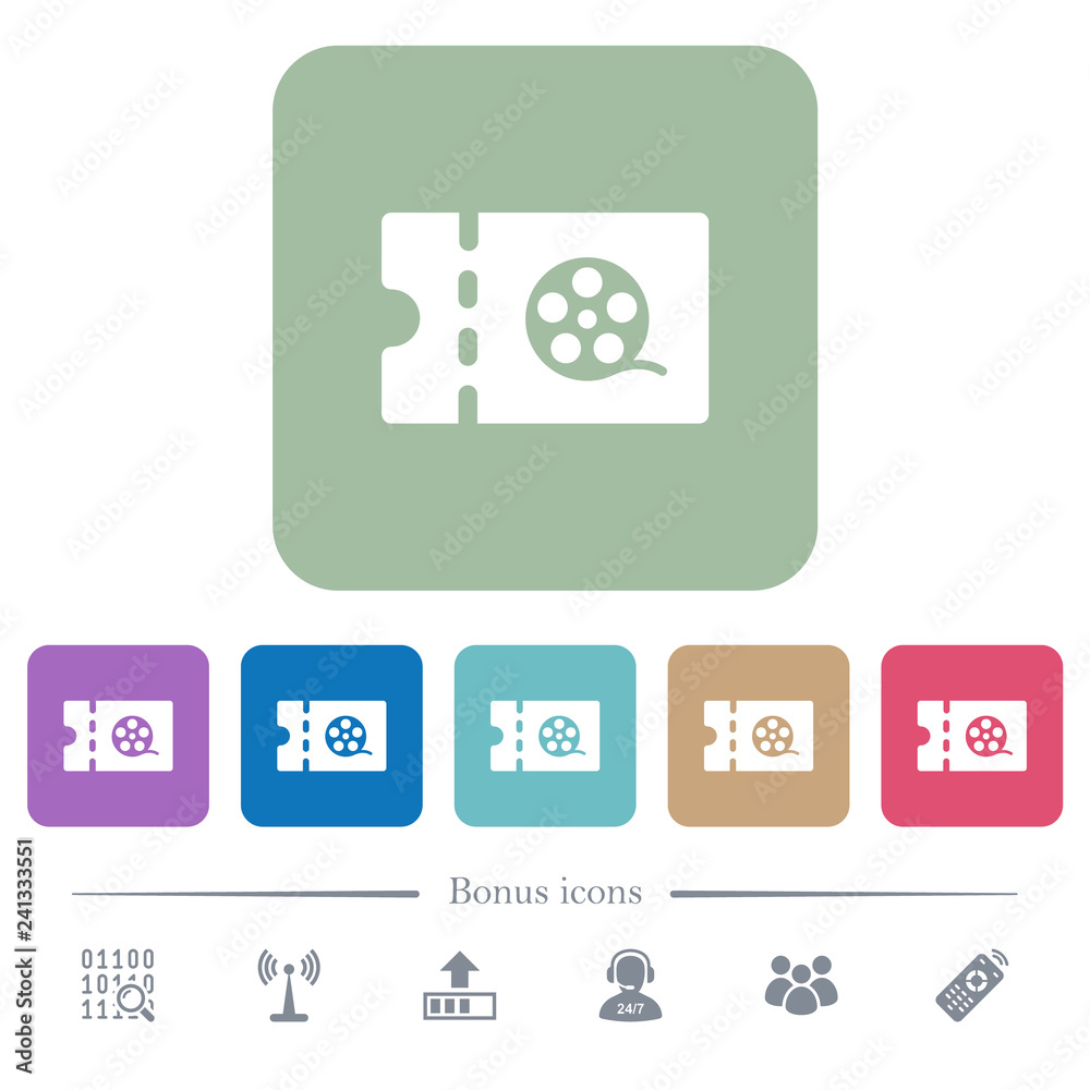 Movie discount coupon flat icons on color rounded square backgrounds Movie discount coupon flat icons on color rounded square backgrounds