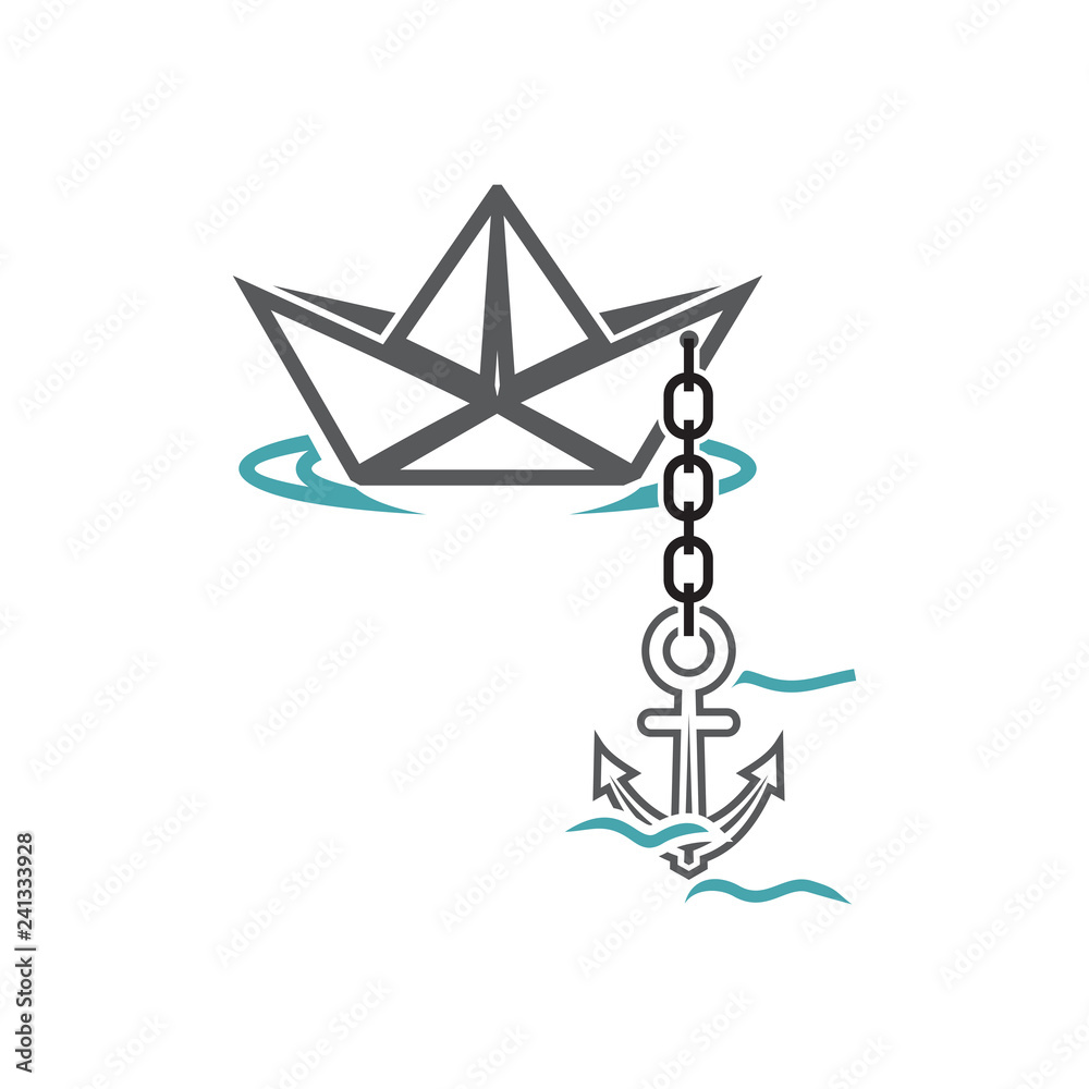 Vector illustration of the ship, anchor on a chain and sea waves. Set of vector symbols. Arrival and the mooring in port. Flat design 