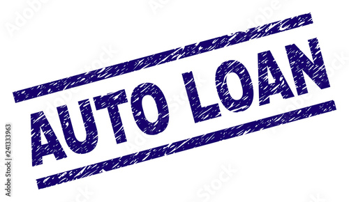 AUTO LOAN seal print with distress style. Blue vector rubber print of AUTO LOAN label with scratched texture. Text label is placed between parallel lines.