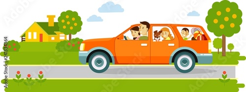 Happy family traveling by car on natur background