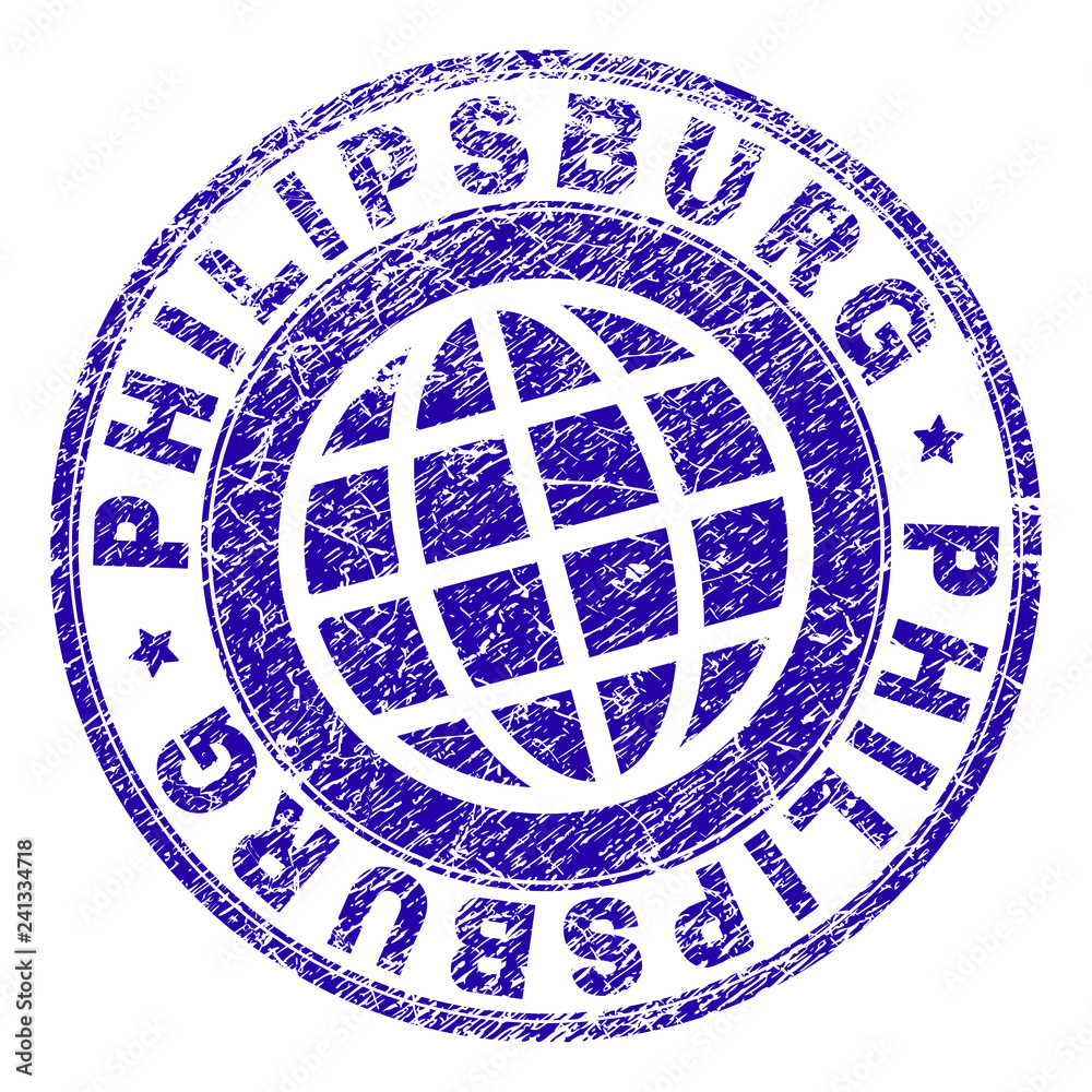 PHILIPSBURG stamp imprint with grunge texture. Blue vector rubber seal imprint of PHILIPSBURG tag with retro texture. Seal has words placed by circle and globe symbol.