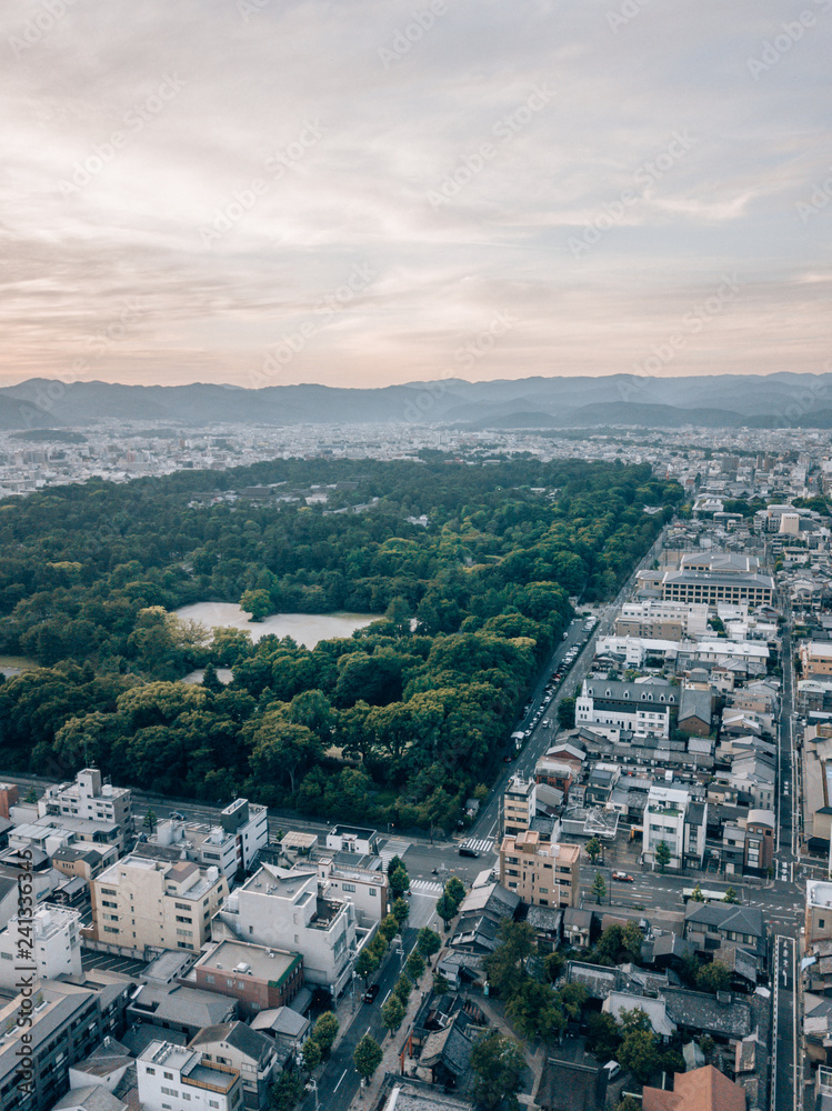 Aerial drone shot of the Skyline of Kyoto, Japan
