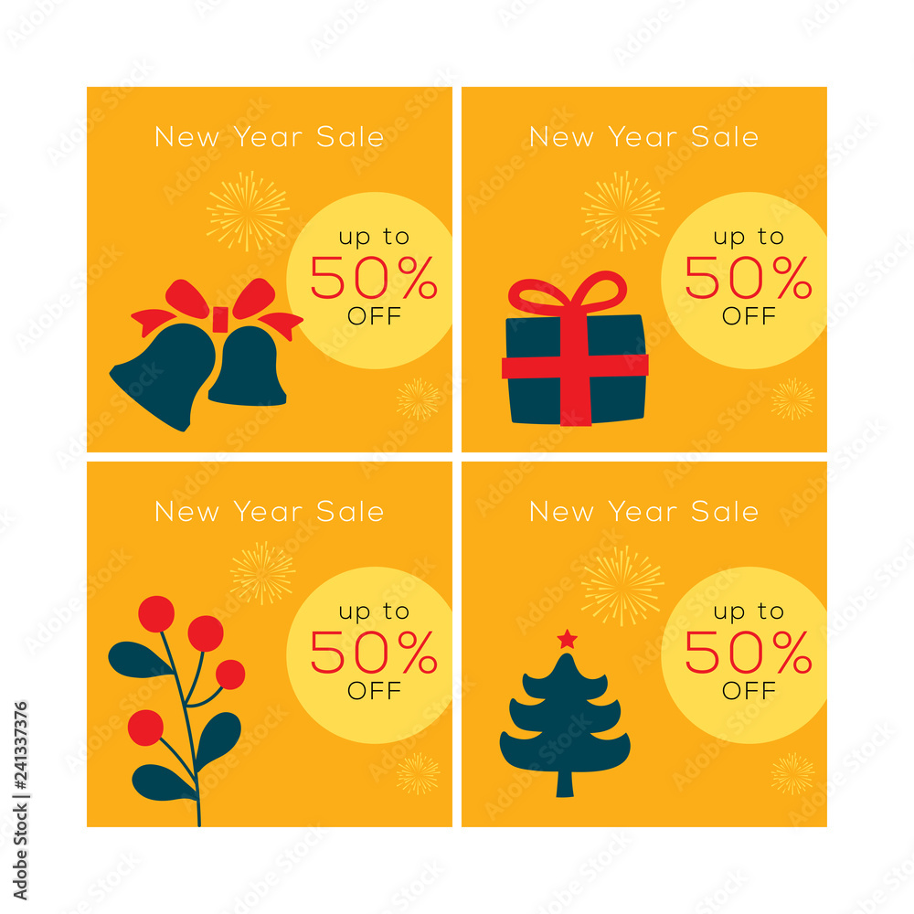 Christmas sale. Yellow banner design set. Happy new year eve poster