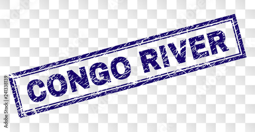 CONGO RIVER stamp seal print with scratched style and double framed rectangle shape. Stamp is placed on a transparent background. Blue vector rubber print of CONGO RIVER label with unclean texture.