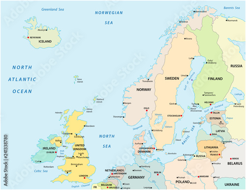 Political and administrative vector map of northern europe with state borders