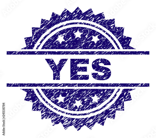 YES stamp seal watermark with distress style. Blue vector rubber print of YES caption with grunge texture.