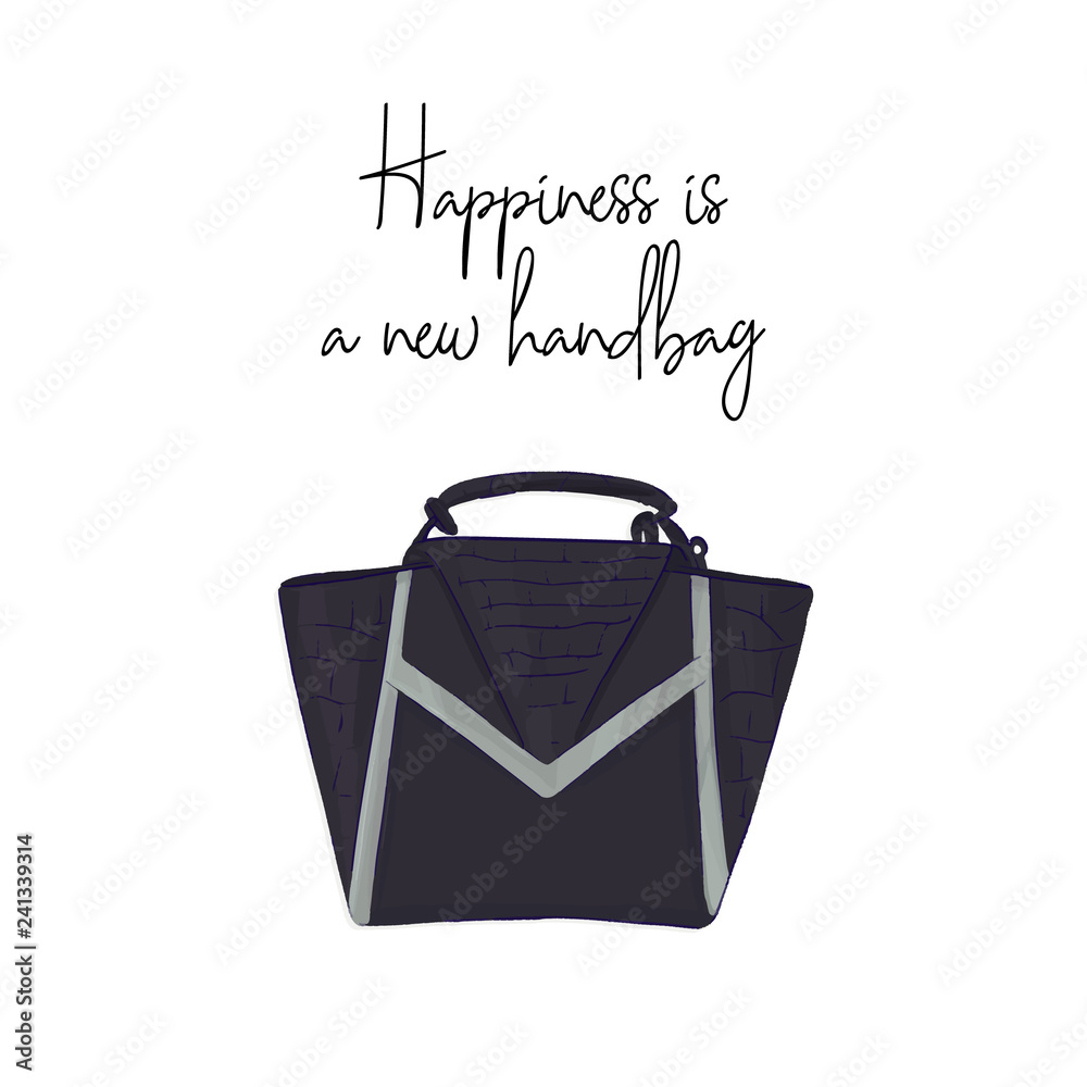Happiness is a new handbag casual fashion wall art. Glamour accessories Vector illustration. Modern interior print. Happiness is a new handbag casual fashion wall art. Glamour accessories Vector illustration. Modern interior print.