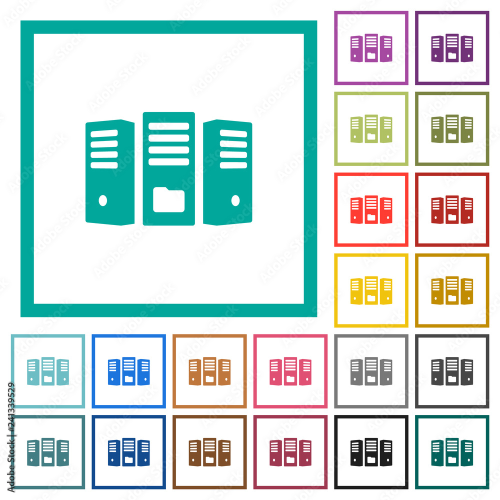 File server flat color icons with quadrant frames